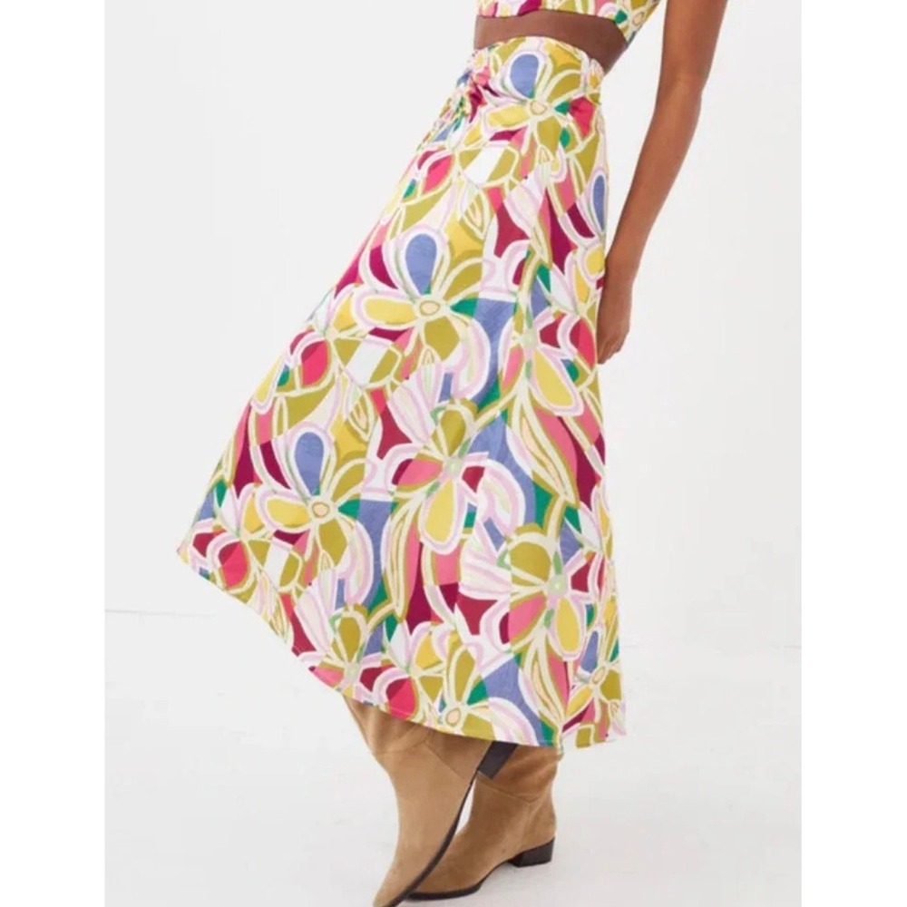 For Love & Lemons Thora Midi Skirt Colorful  Print Twist Front Medium New‎